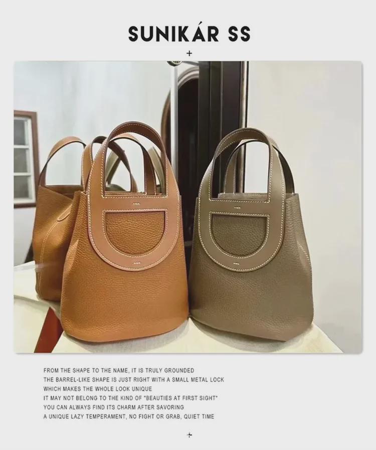 Handväska i äkta koskinn för kvinnor - Vår 2023 Hinkväska med Grisnäsa-design och Enkel Axelrem