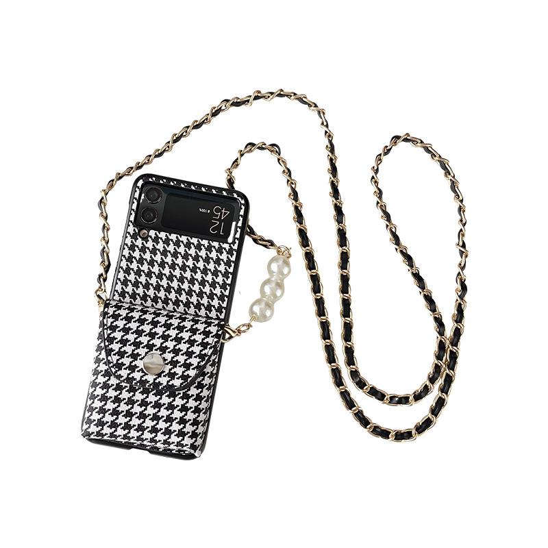 Samsung Zflip7 Black And White Thousand Bird Grid Wallet Mobile Phone Case For 4 Clamshell Folding Screen Messenger Chain Pearl 3