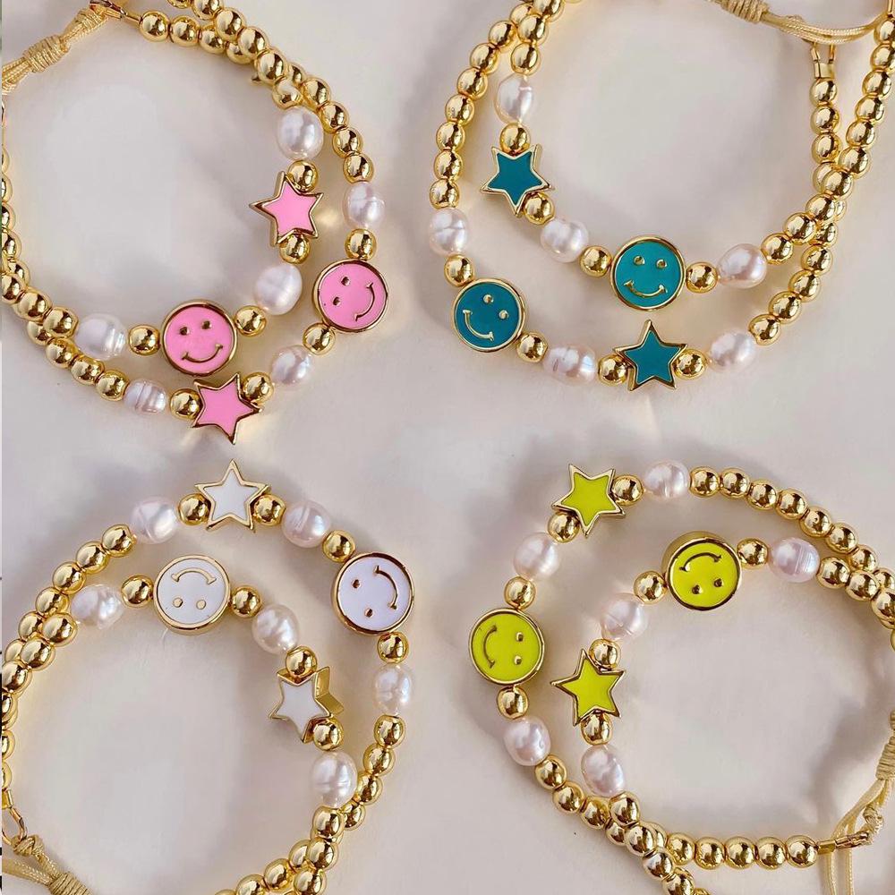 Colorful Drip Oil Smiley Star Beaded Bracelet with Natural Freshwater Pearls