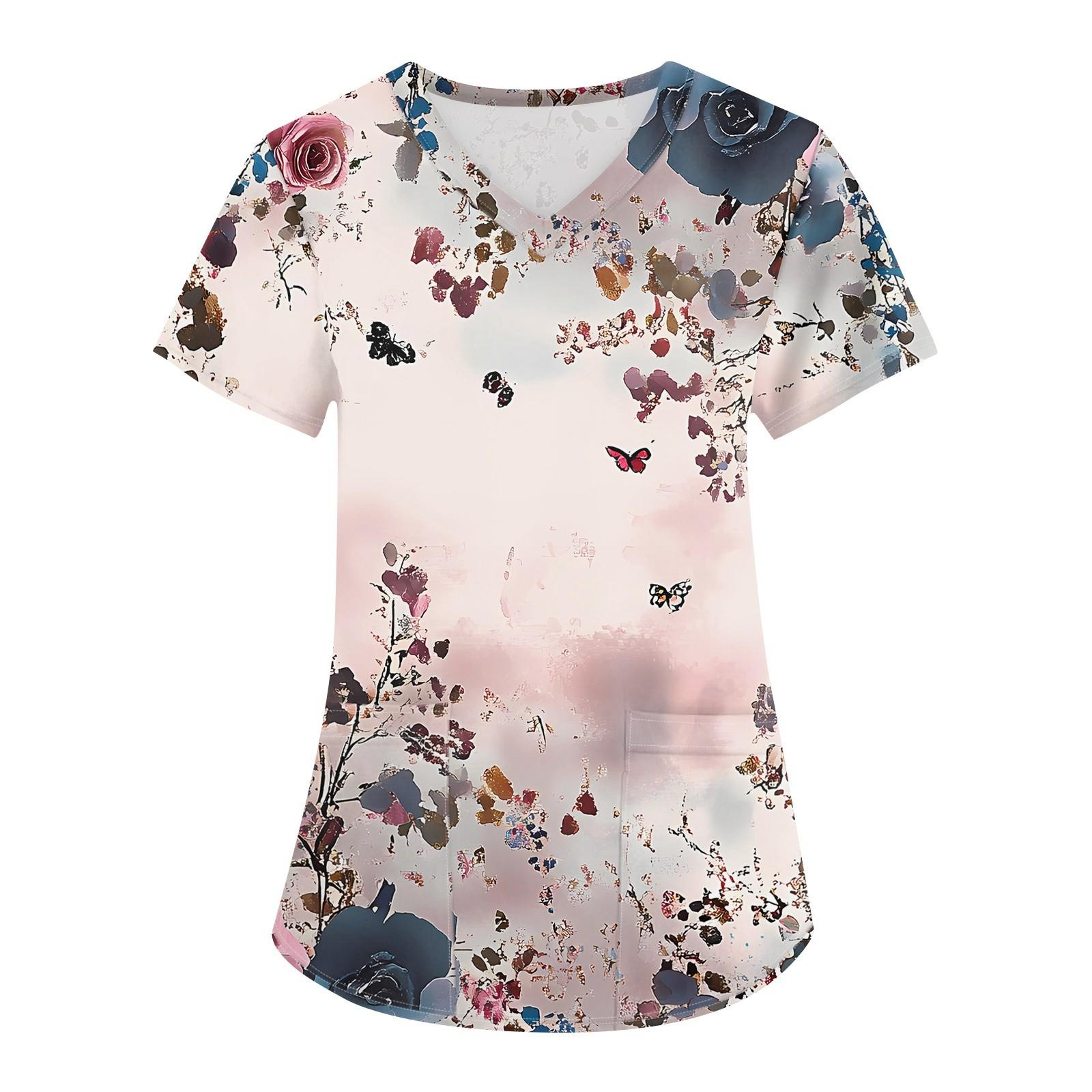 

Женская мода с v-образным вырезом, короткими рукавами и карманами, топы с принтом XL розовый