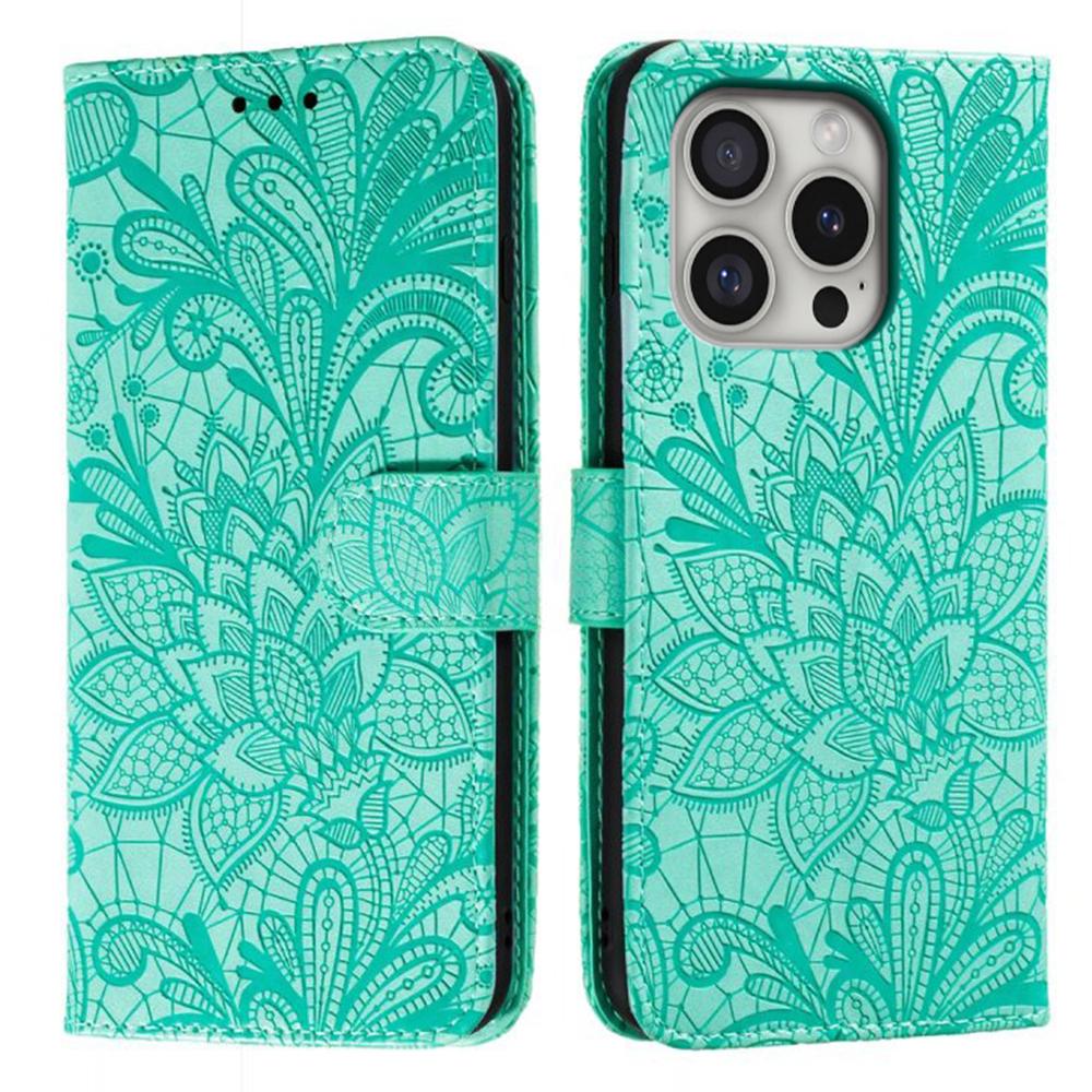 For iPhone 16 Pro Max Case Lace Flowers PU Leather Flip Wallet Phone Cover