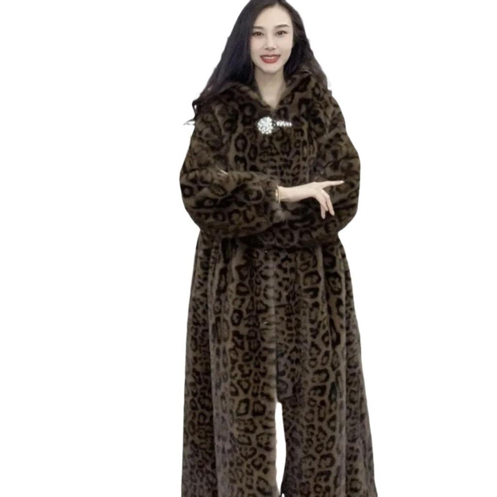 Extra Long Leopard Print Faux Fur Coat - Plus Size Women's Winter Cotton Coat