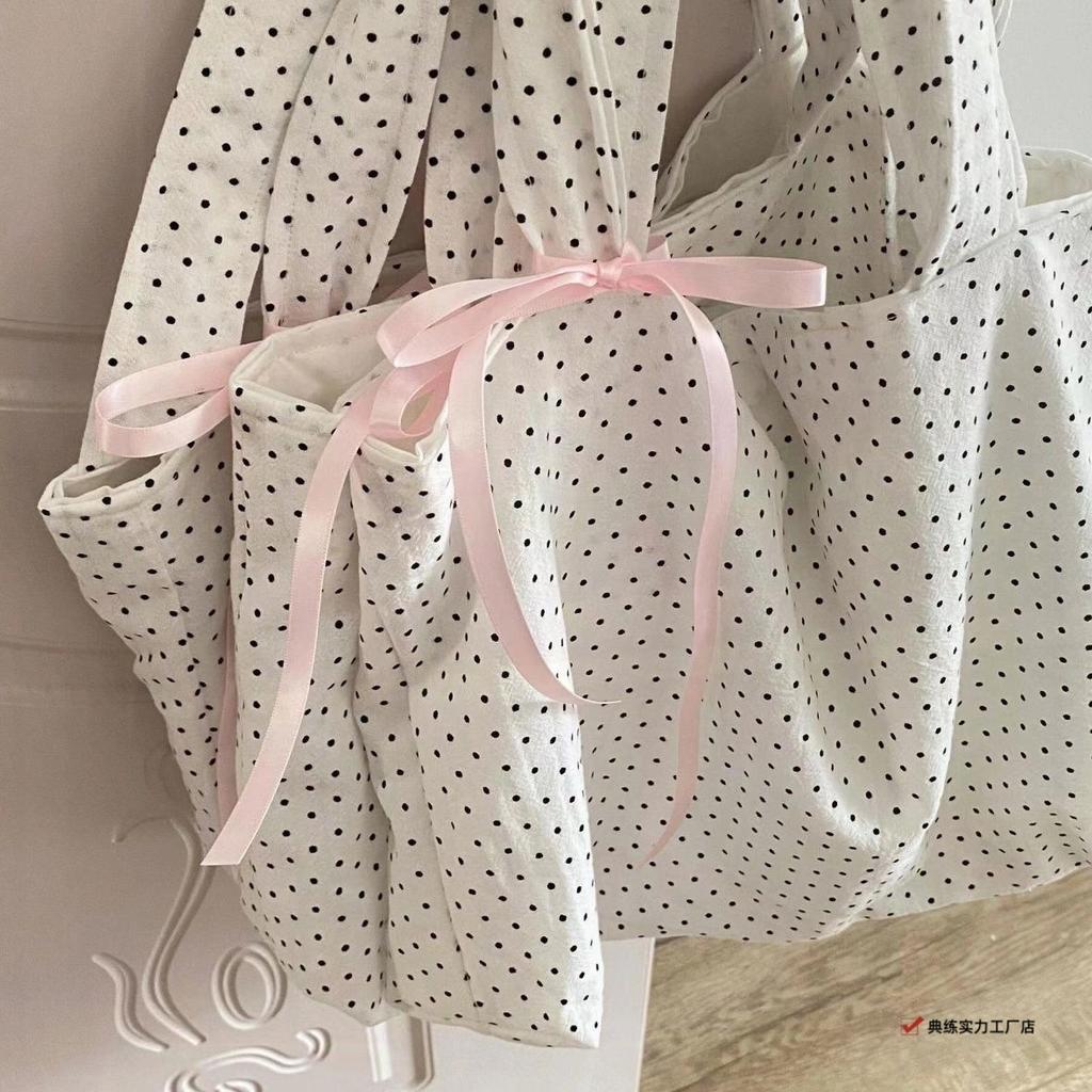 Casual simple large-capacity tote bag, new Korean polka dot canvas bag, commuting shoulder bag
