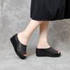 Soft cowhide wedge slippers women's thick-bottomed waterproof table summer new wear high-heeled fish mouth hollow sandals women