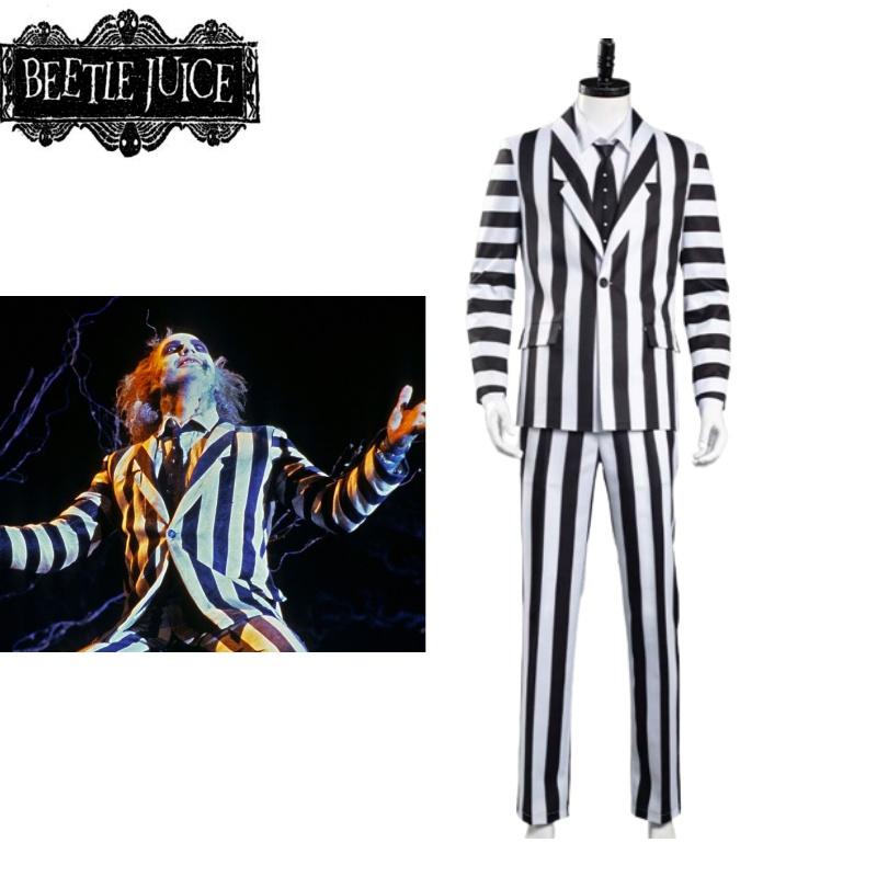 Costume Cosplay Beetlejuice Black And White Striped Suit Halloween Party Prop