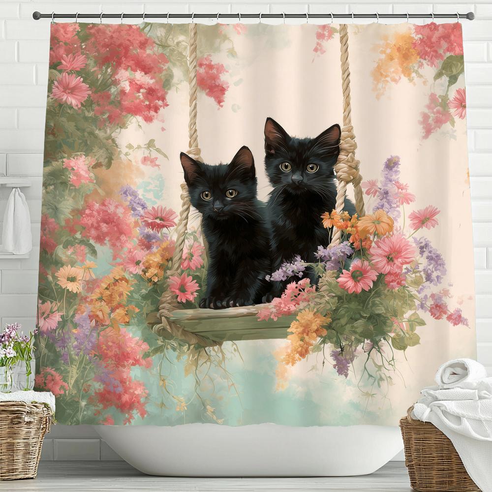 Flowers and plants cat pattern Shower Curtain, Bathroom Decorative Shower Curtain, Waterproof Shower Curtain with Hooks