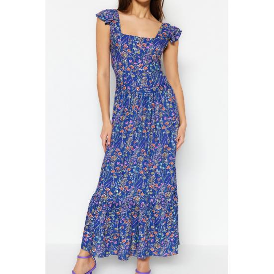 Rochie midi cu modele florale cu mâneci mini cu guler pătrat