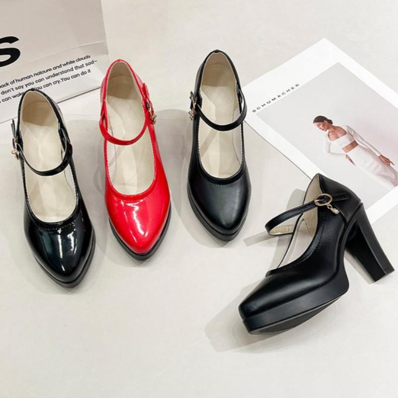 Women's High Heels Thick-soled Waterproof Platform Thick-heeled Leather Shoes Work Shoes