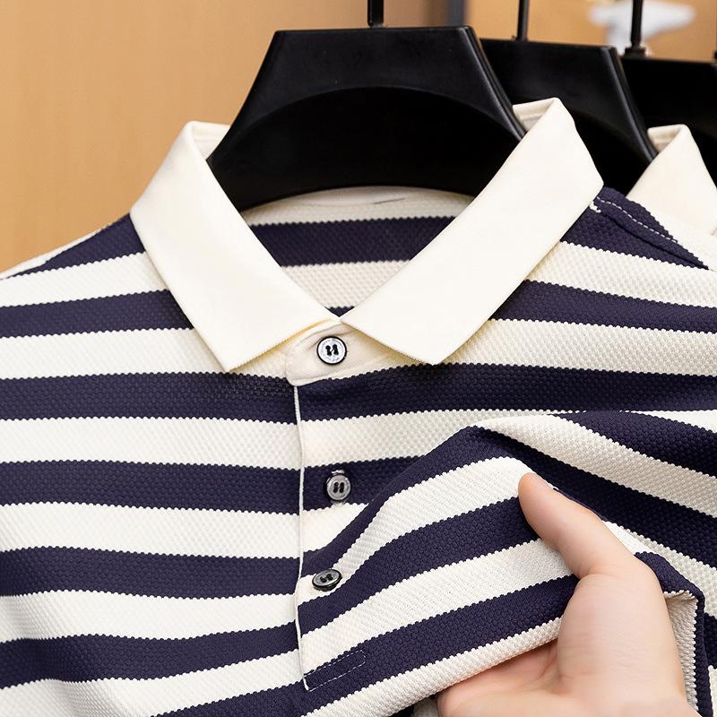 Summer Men's Trendy Casual Striped Short Sleeve T-Shirt Polo Shirt Fashion Loose Fit Lapel Collar Top