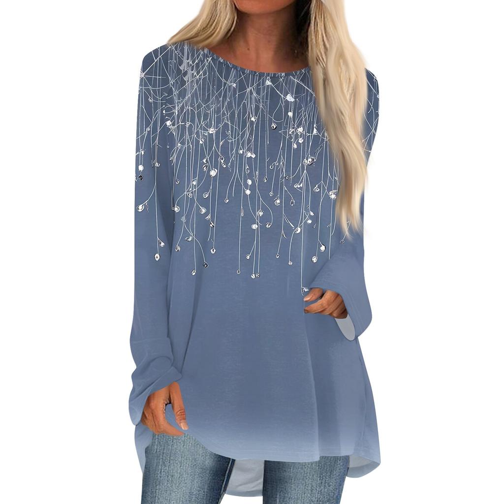 Women's Fashion Casual Long Sleeve Print Round Neck Pullover Top Blouse