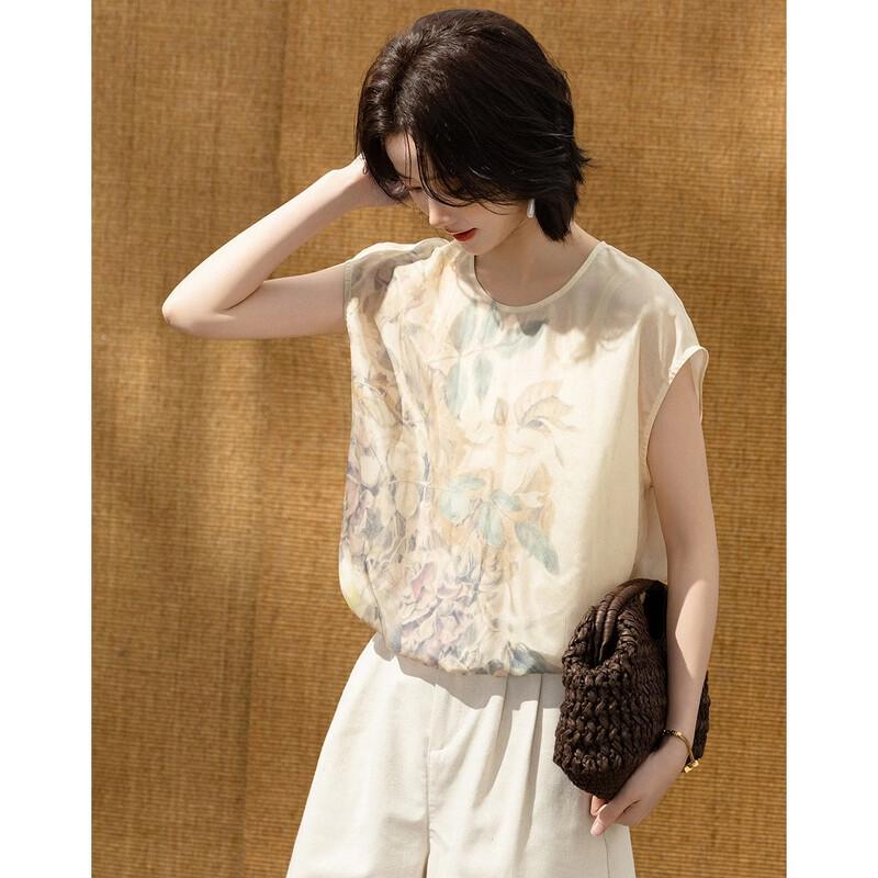 Women s 100% Mulberry Silk New Chinese Style Printed Shirt M