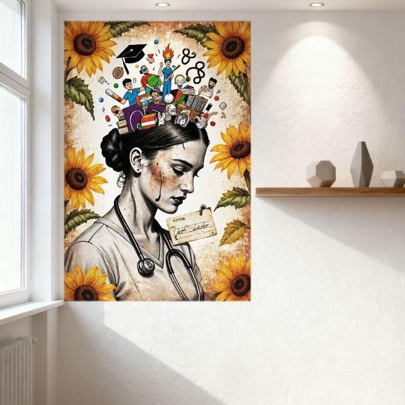 Whimsical Woman with Bun & Medical Scrub Metal Tin Sign, VITTE & Tutti Jackson Vintage Aged Style Sunflowers & Medical/Student E