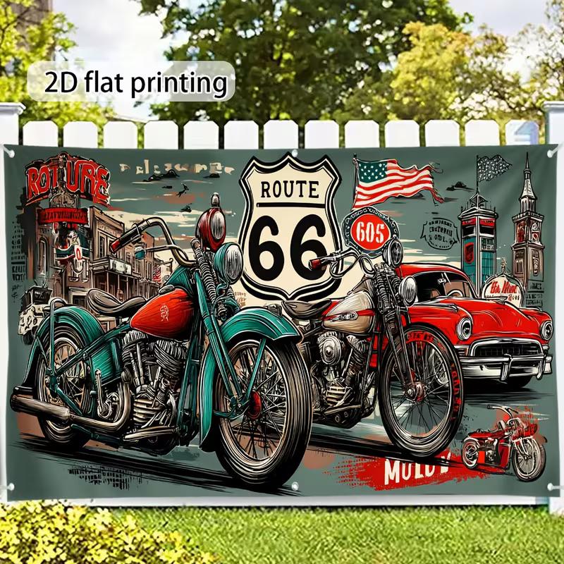 Toile de fond polyester Route 66 2D, Arrière-plan Vintage Moto Biker pour Fête de Biker & Décor Mural