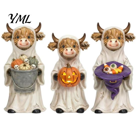 Resin Craft Figurine 3Pcs Halloween Ghost Highland Cow Figurines, Yak Statues with Pumpkin, Farmhouse Indoor Outdoor Tabletop Ornaments for