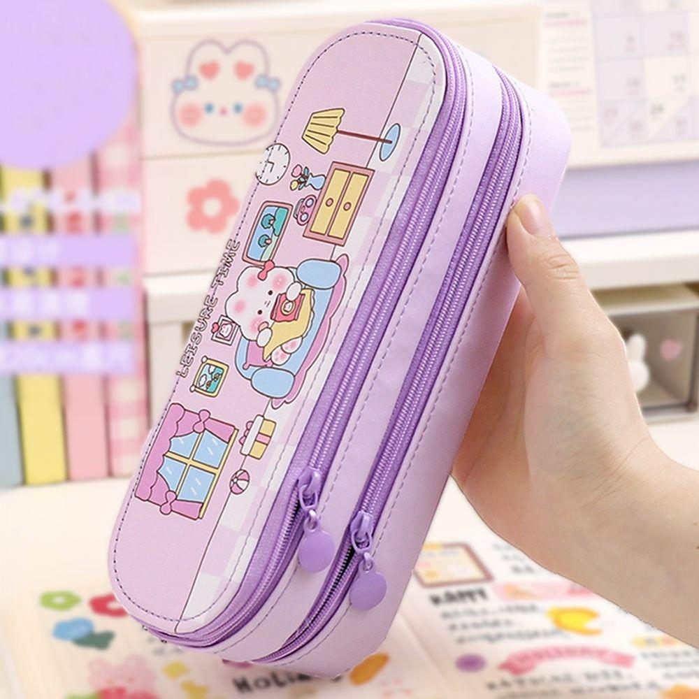 Ins Double Layer Pencil Case Cartoon Design Waterproof Pen Bag Portable Large Capacity Stationery Pouch Student Supplies