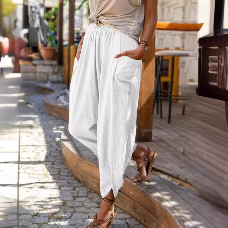 Women Spring Summer Vintage Boho Cotton Linen Beach Pants Female High Waist Solid Loose Pockets Trousers Casual Pantalones