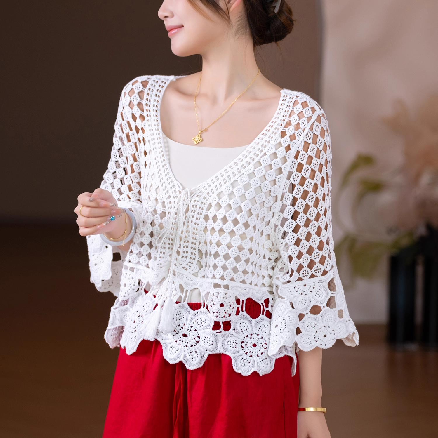 

DIMANAF 2025 Новая короткая хлопковая футболка женская вязаная с круглым вырезом полая летний стиль базовые топы футболки свободная одежда one size белый