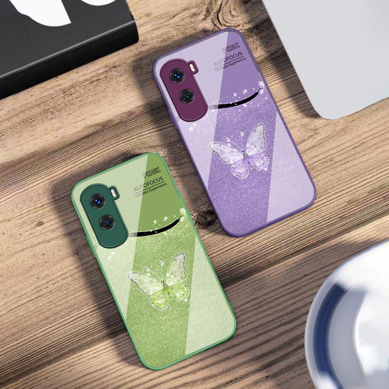 Gradient Diamond Butterfly For Honor 200 90 8X 9X Pro Lite P50 P40 Nova 10 11i P60 Magic4 6 Mate 20 50 Tempered Glass Phone Case