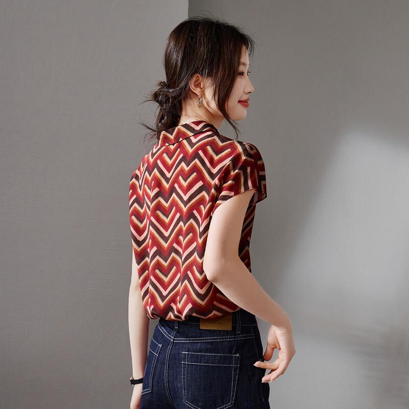 SOFSIL Women's 2026 Summer Silk Geometric Stripe Short Sleeve Lapel Shirt