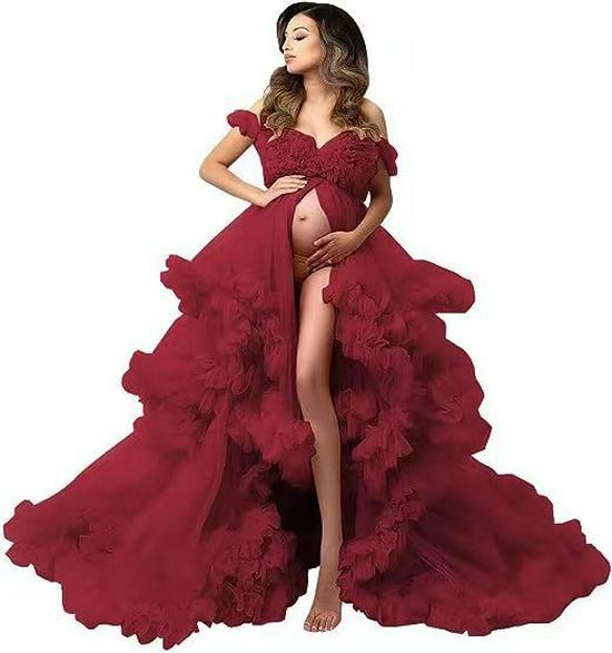 Off-Shoulder High Waist Maternity Gown with Front Slit and Puffy Tulle Skirt