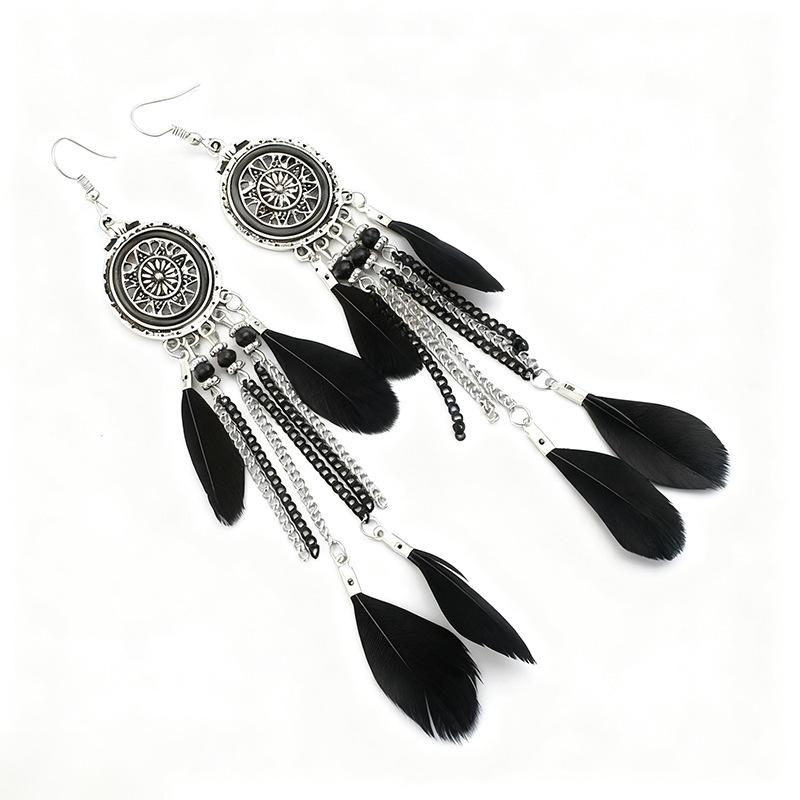 Vintage Bohemian Feather Tassel Earrings Exaggerated Ethnic Vacation Dangle Ear Jewelry Fashion Accessories For Women