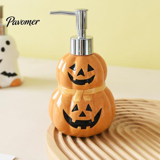 Reusable Shampoo Bottle Halloween Ceramic Ghost Soap Dispenser, with Stainless Steel Pump, Pumpkin Refillable Lotion Dispenser Liquid Hand Container,