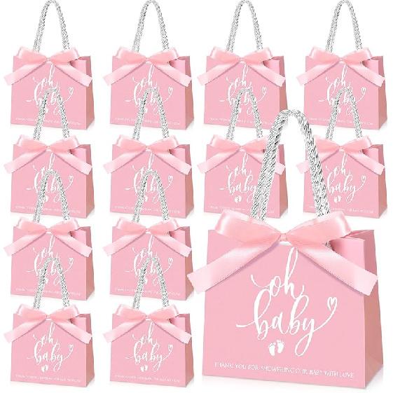 Spakon 25 Packs Baby Shower Favors for Guests Oh Baby Gifts Bag with Handles Paper Goodie Gift Bags with Ribbon for Newborn Gender Reveal