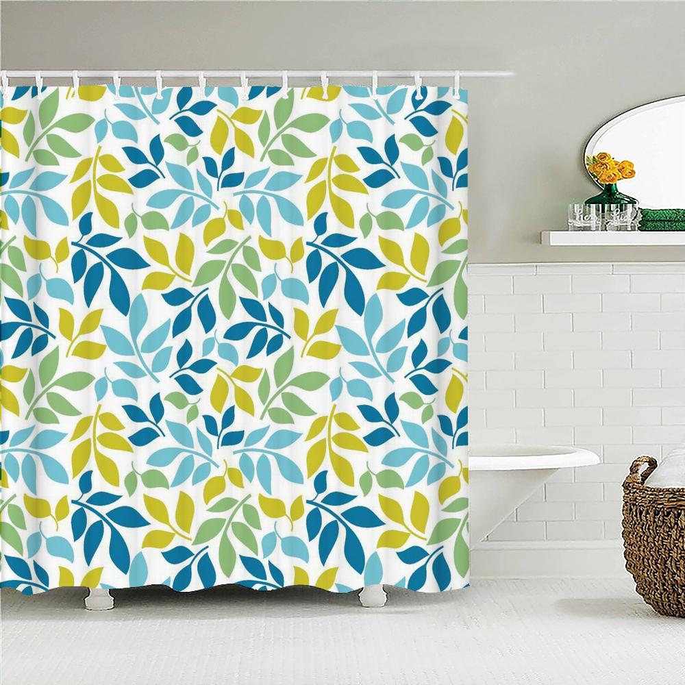 High Quality Blue Fresh leaf Printed Fabric Shower Curtain Plant Leaves Bath Screen Waterproof Bathroom Decor with Hooks