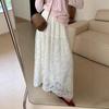 Elegant French Lace Embroidered A-Line Skirt for Women - High Waist, Wide Hem, Long, Layered Design for Autumn/Winter