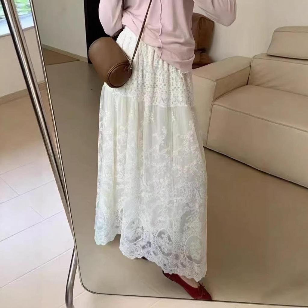 Elegant French Lace Embroidered A-Line Skirt for Women - High Waist, Wide Hem, Long, Layered Design for Autumn/Winter