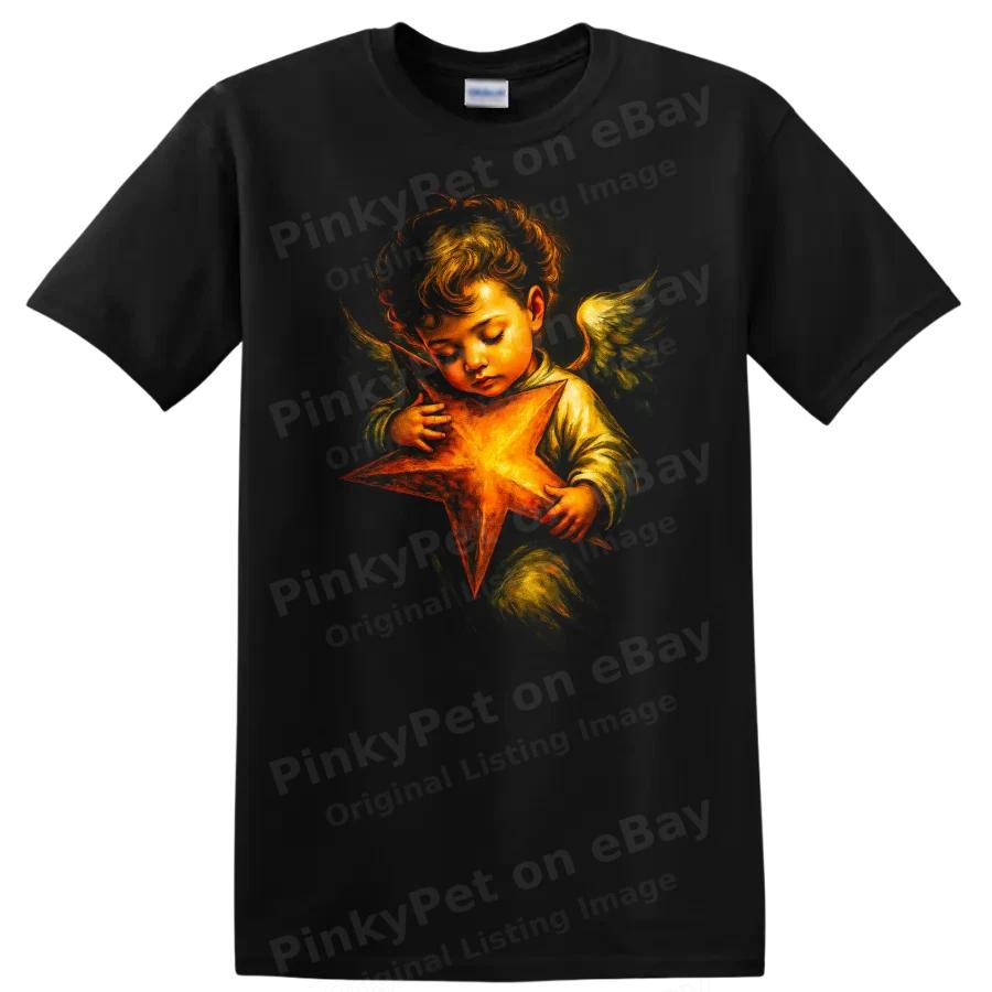 Angel Holding Star T Shirt Heavenly Illustration Cute Wings Fantasy Tee