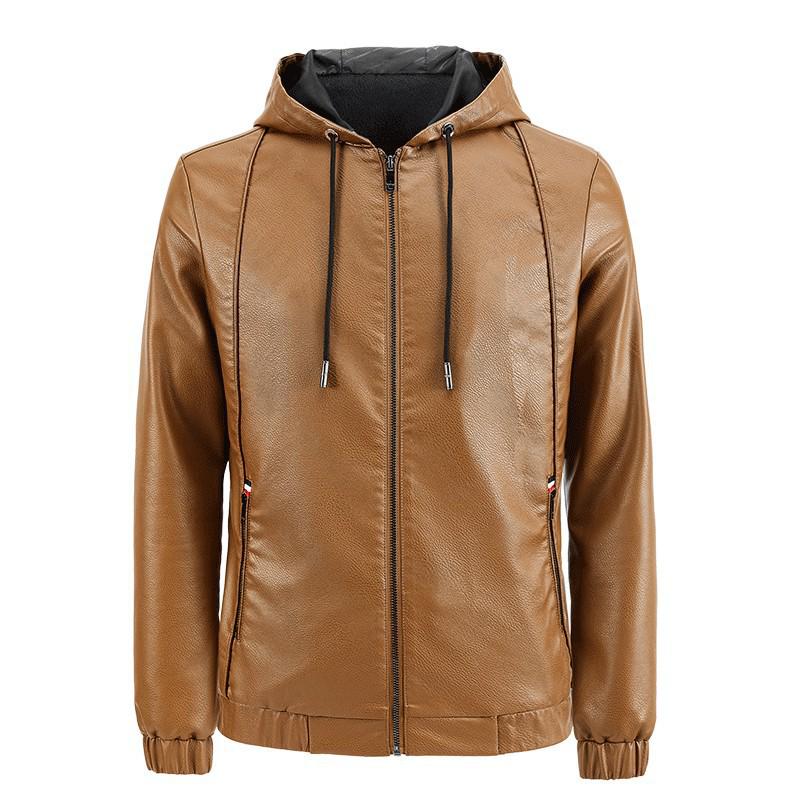 Fleece Men's Leather Jacket, Leather Jacket, Hooded Slim Korean Motorcycle Casual Jacket