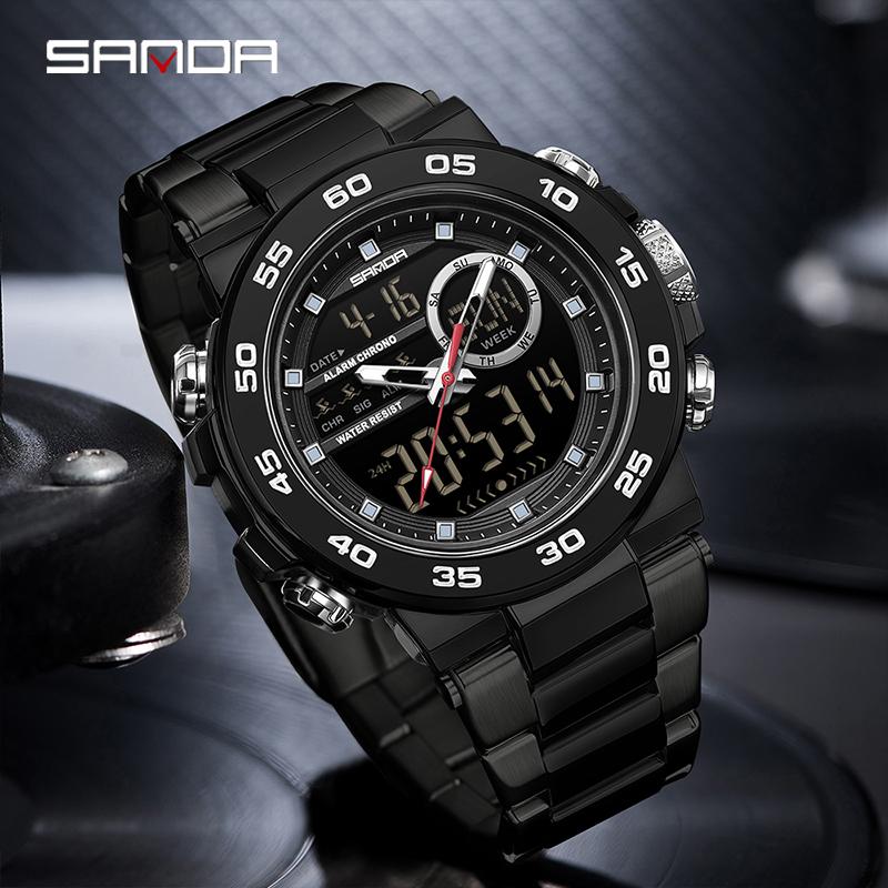 SANDA 6296 Three Pin Men's Electronic Watch Fashionable Men's Electronic Watch Sports Multifunctional Waterproof Large Dial