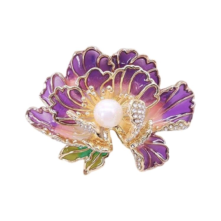 Яркая брошь-булавка в виде цветка пиона для женщин с эмалью и жемчугом, портативная для особых случаев фиолетовый