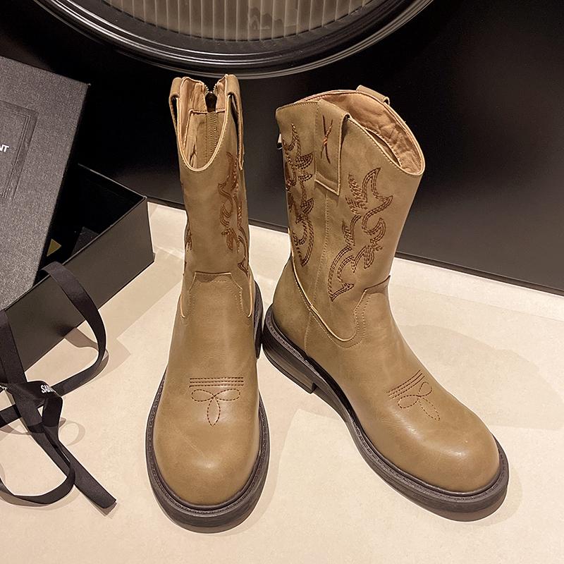 Fashion Aphixta Mid-Calf Modern Boots 3.5cm Square Heel Totem Design Back Zip Woman Shoes Round Toe Brown Big Size 42 Western Boot