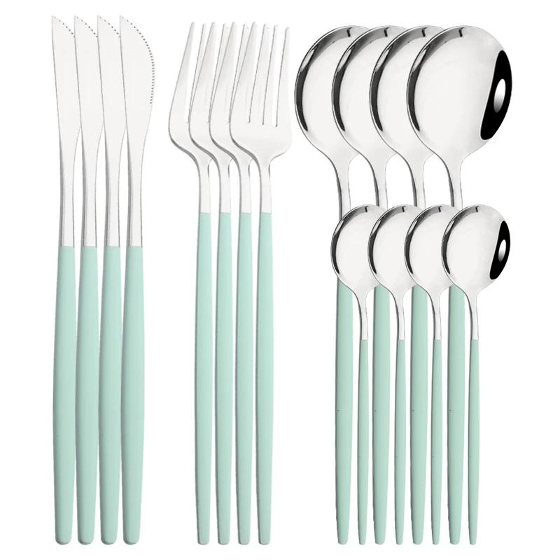 16Pcs Blue Silver Dinnerware Stainless Steel Cutlery Set Knife Fork Tea Spoon Dinner Flatware Set Kitchen Silverware Tableware