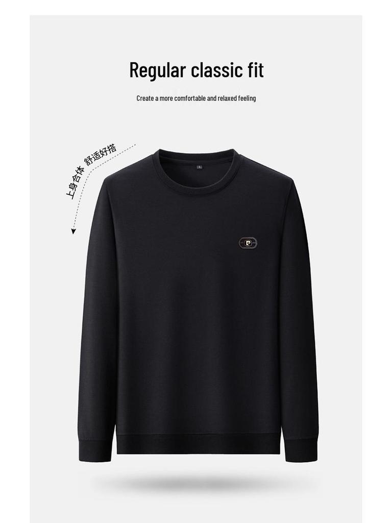 Men's Slim Fit Long-Sleeve T-Shirt, Round Neck, Solid Color, Roma Fabric, Pullover, Printed Sweatshirt
