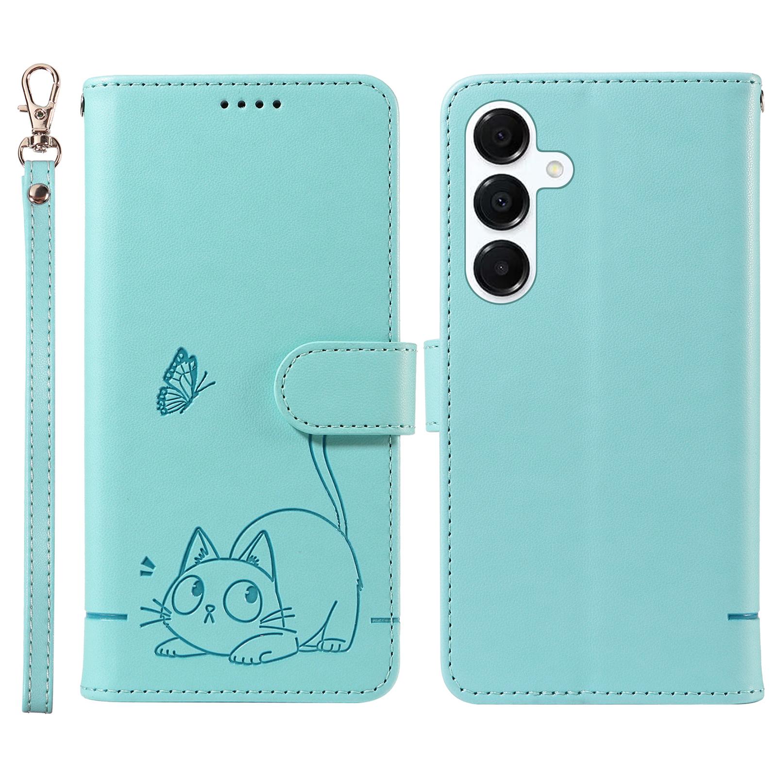 

Чохол-гаманець зі шкіри з принтом котячого візерунка та ремінцем на зап ястя для Samsung Galaxy A26 5G/A16 5G/A16 4G Green