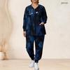 Women Plus Size Nurse Scrub Set V Neck Long Sleeve Printed Navy Blue Black Pocket Top And Pants