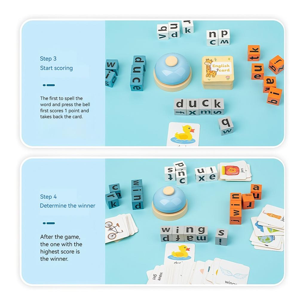 Word Race Spelling Games 64 Flashcards & 20 Blocks Wooden Blocks Spelling Game for Ages 3-8 Preschool Learning And Classroom Fun