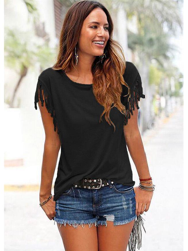 Women's Plus Size Multicolor Round Neck Short-Sleeve Tassel Knotted T-Shirt