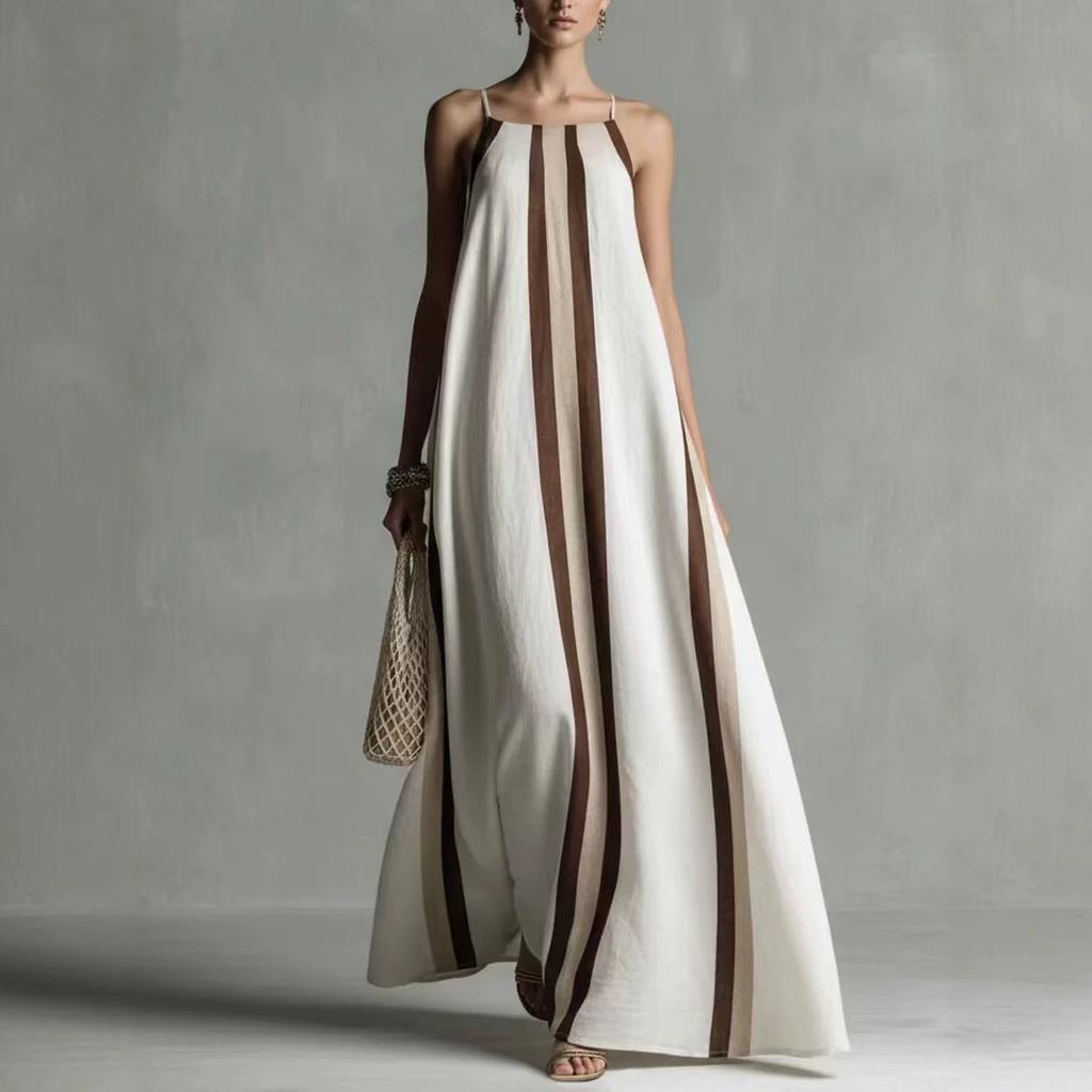 Women Summer Vertical Stripe Spaghetti Strap Maxi Dress, Loose Flowy Linen Sundress, Casual Vacation Beach Resort Long Dress