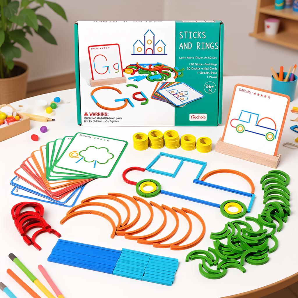 120Pcs Montessori Smart Sticks Spelling STEM and Art in One Toy Wooden Creative Sticks & Rings Puzzle for Boys Aged 3-6 Years