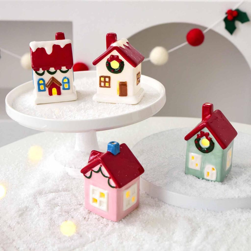 Ceramic Christmas Village House Ornament Decoration Versatile Statue Craft Accessory with LED for Indoor Holiday Shelf Table