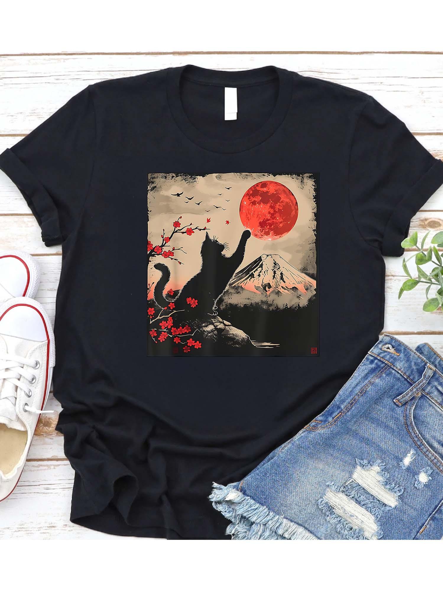 Black Pure - Cotton Women s T - Shirt: Japanese - inspired Cat and Mount Fuji Design S разноцветный