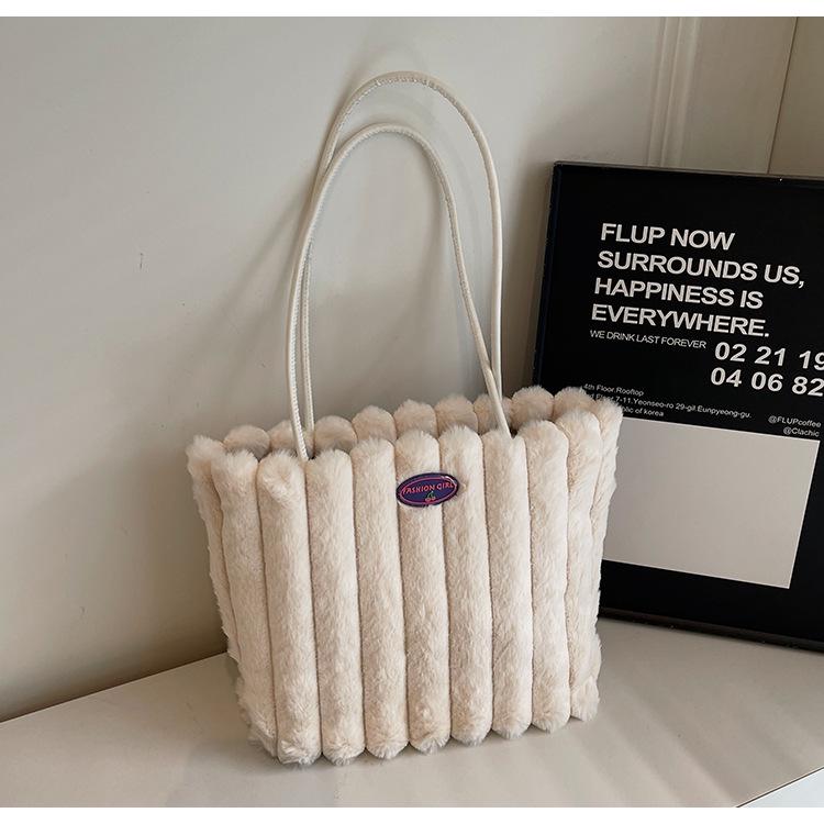 

2024 Women s Plush Striped Tote Bag: Large Capacity, Fashionable, Versatile Shoulder/Handbag