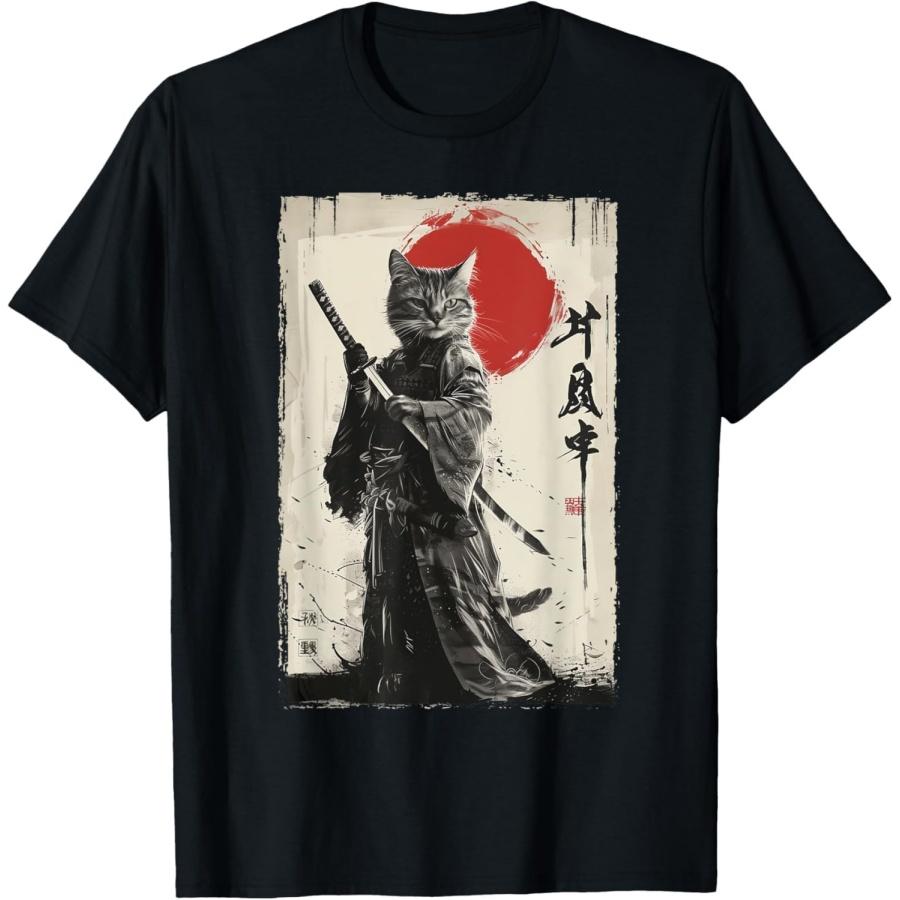 HARCEWBK Retro Japanese Warrior Cat Art - Kawaii Japanese Samurai Cat T-Shirt(1) S