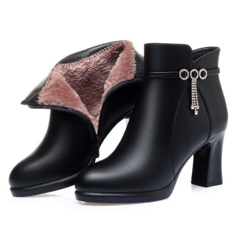 Winter High-heeled Rhinestone Martin Boots Women's New Warm Thick-heeled Thick-soled Velvet Versatile Fashionable Women's Cotton Boots
