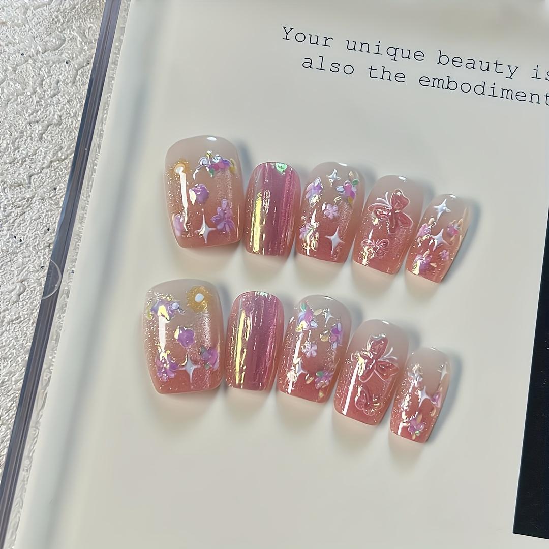 10pcs of Romantic Colorful Flower And Pink Butterfly Gradient Oil Painting Fake Nails XS