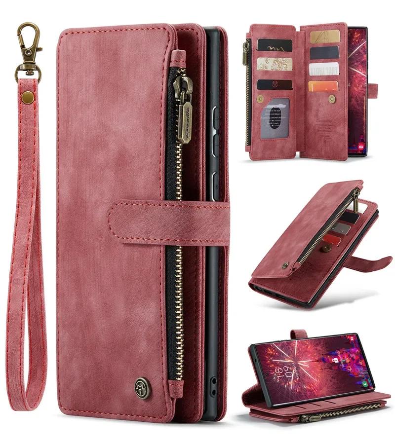 Leather Wallet Card Phone Case For Samsung Galaxy S26 Plus S25 Ultra S24 FE S23 S22 S21 S20 Zipper Purse Flip Stand Cover Coque